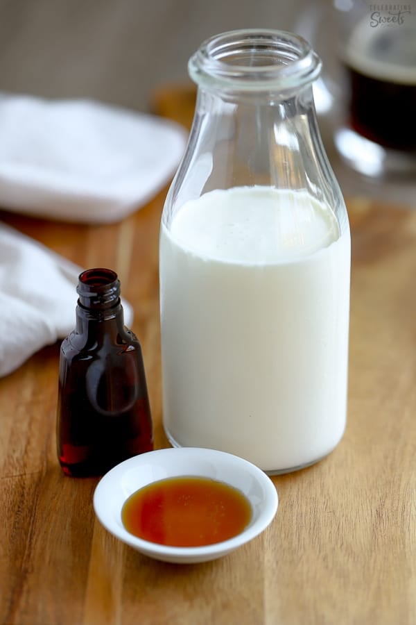 Milk, vanilla extract and maple syrup (for homemade coffee creamer).
