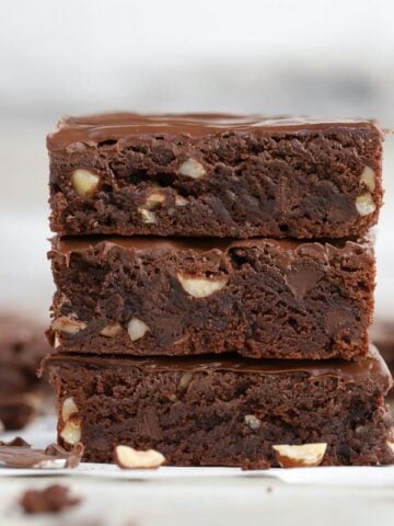 Stack of three brownies.