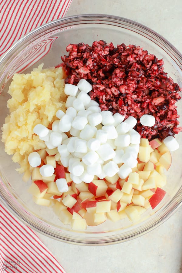 Cranberries, apple, pineapple and marshmallows in a glass bowl.