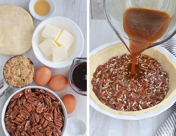 Ingredients for Maple Pecan Pie. Syrup being poured into pie crust.