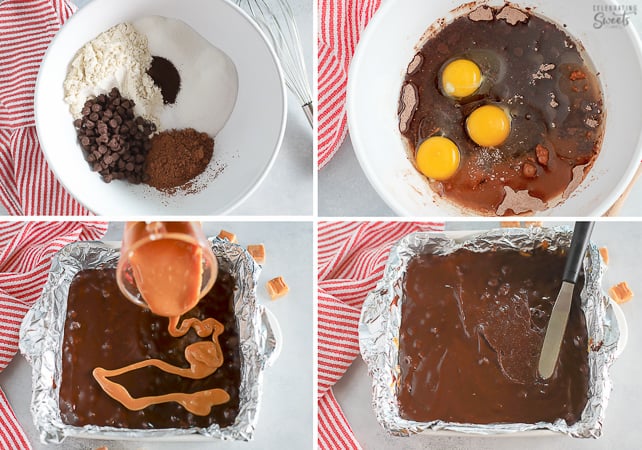 How to make Caramel Brownies - brownie batter in a white bowl and square baking pan.