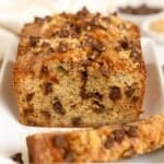 Closeup of a loaf of chocolate chip banana bread
