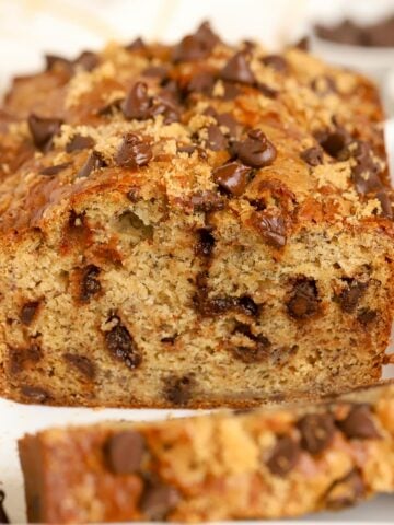 Closeup of a loaf of chocolate chip banana bread