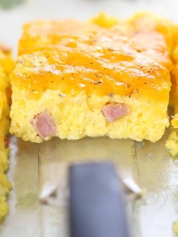 Closeup of egg casserole in a baking dish