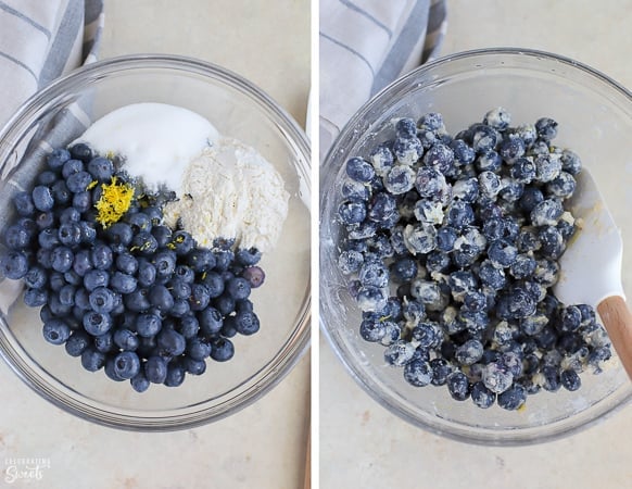 Blueberries with sugar, flour, and lemon zest in a glass bowl.