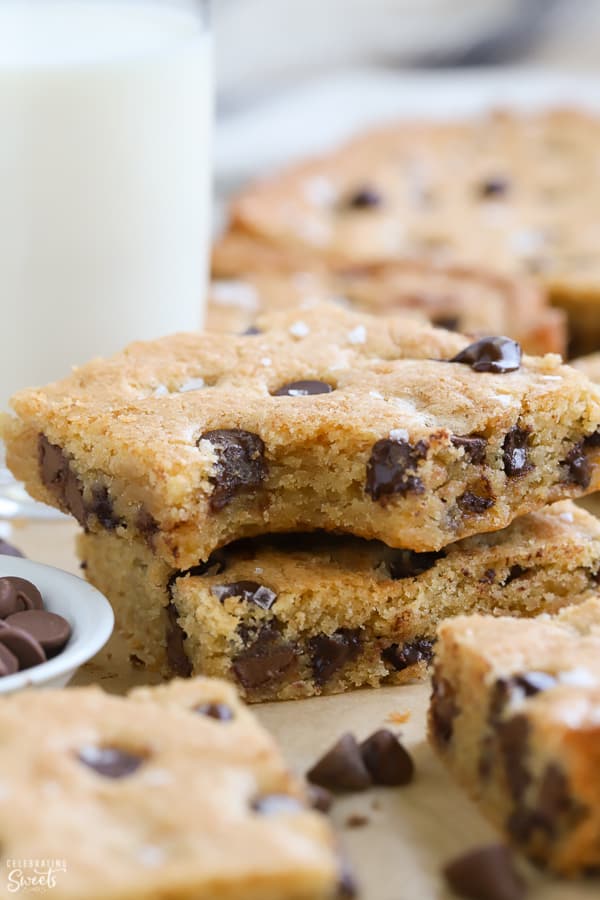 Two chocolate chip cookie bars stacked on top of each other.