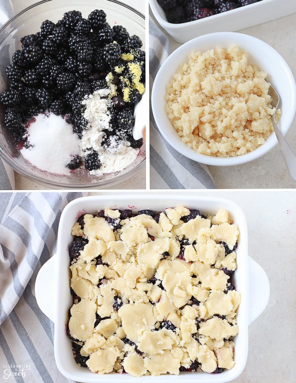 Ingredients for blackberry cobbler in a bowl. Cobbler assembled in a white baking dish.