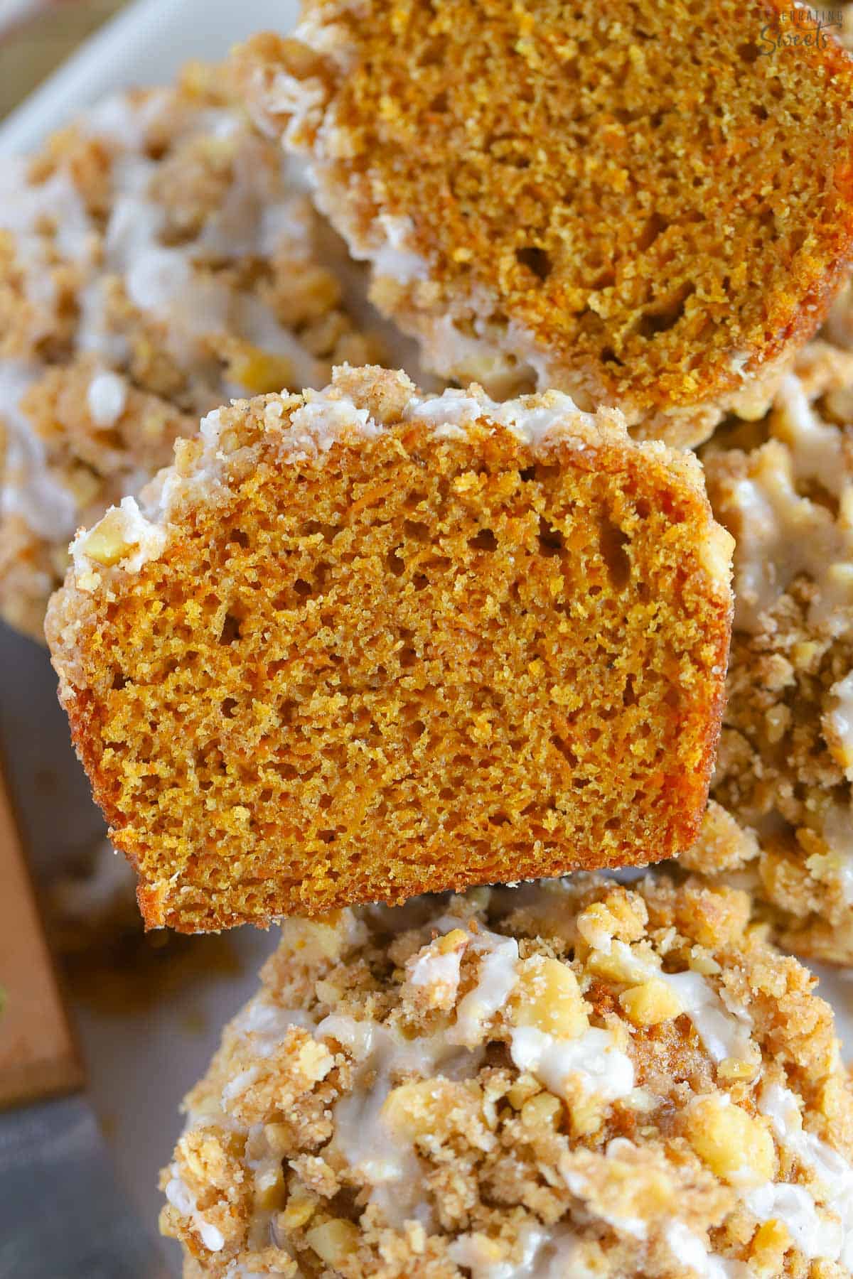 Closeup of a pumpkin muffin cut in halfi