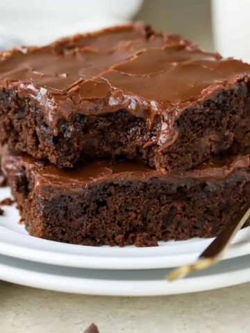 Two brownies on a white plate.