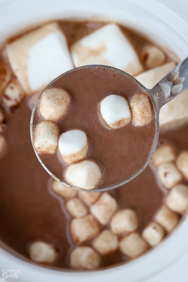 Hot chocolate on a ladle with marshmallows