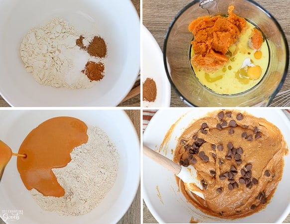 Pumpkin muffin batter in a white bowl