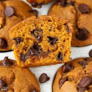 Closeup of pumpkin chocolate chip muffin cut in half