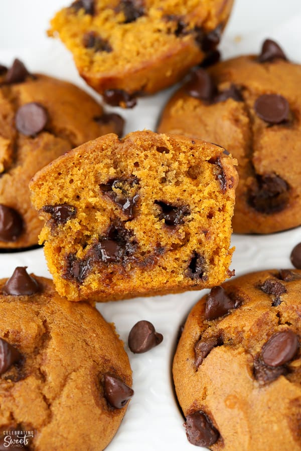 Closeup of pumpkin chocolate chip muffin cut in half