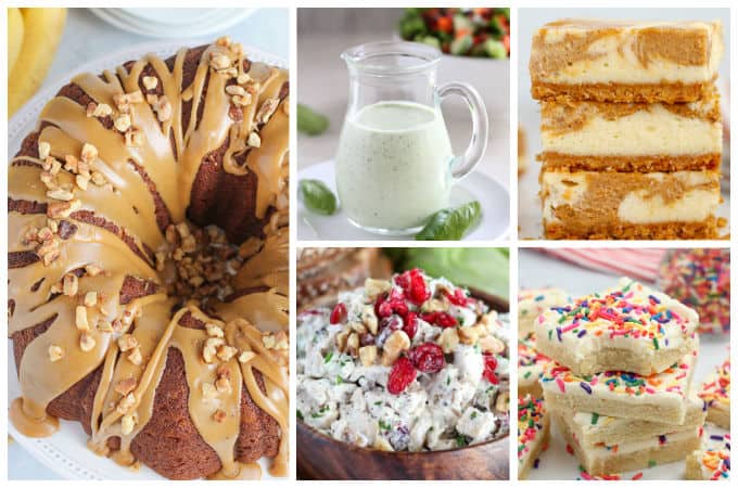 Collage of cake, cheesecake, cookie bars, dressing, and chicken salad.