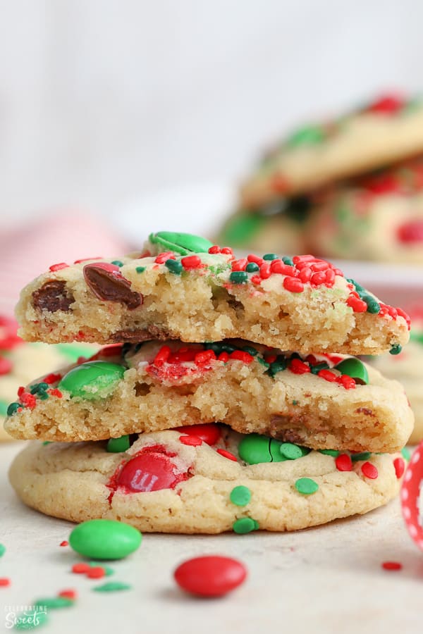 Cookies filled with red and green M&M's and Christmas sprinkles 