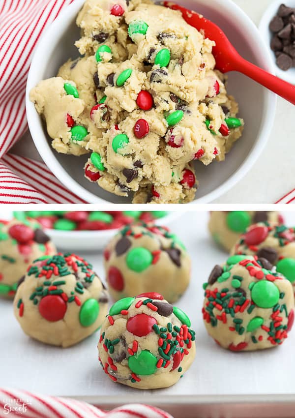 Christmas cookie dough with M&M's and red and green sprinkles.