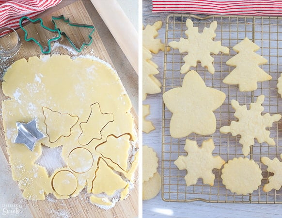 Cut out sugar cookies on a rack