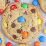 M&M Cookies on a piece of parchment paper