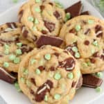 Mint chocolate chip cookies on a white plate