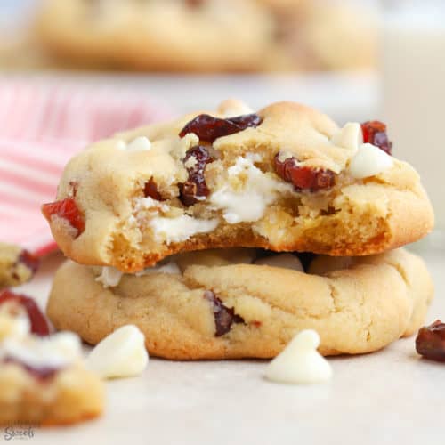 Stack of two white chocolate cranberry cookies