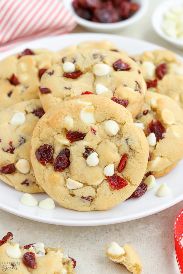 White chocolate cranberry cookies on a plate