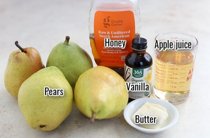 Ingredients for Baked Pears (pears, honey, vanilla, butter, juice)