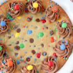 Close up of cookie cake topped with M&M's