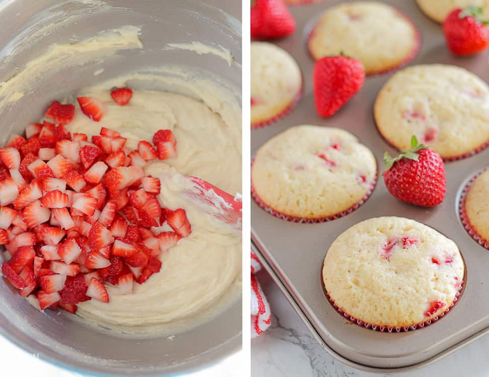 Strawberry cupcake batter in a bowl and cupcakes in a muffin tin