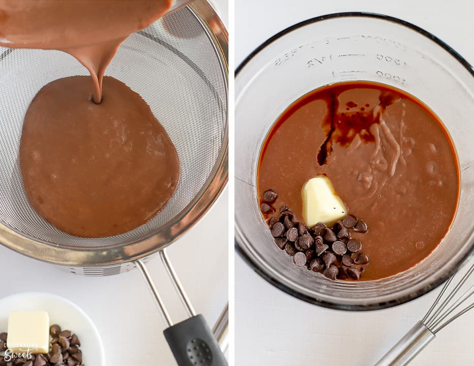 Chocolate pudding in a fine mesh sieve and a glass bowl