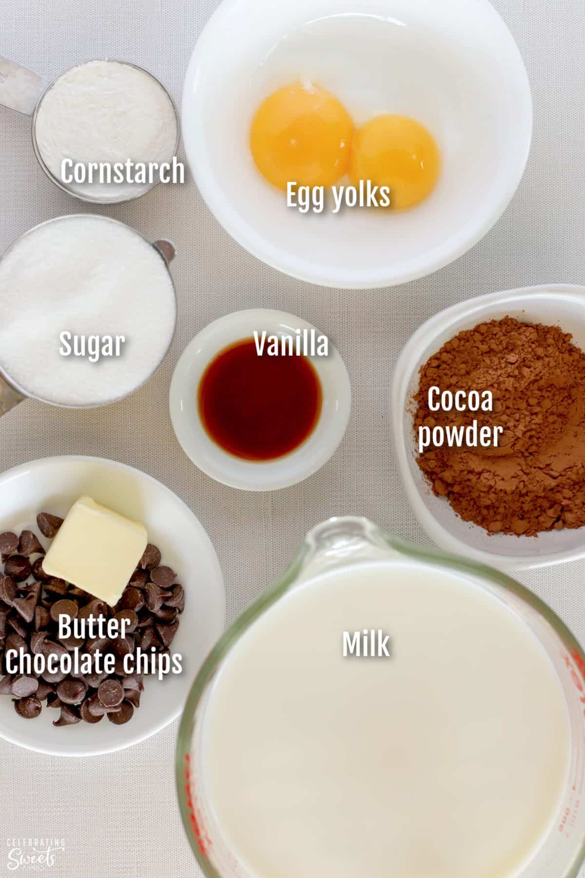 Ingredients for making chocolate pudding (milk, sugar, chocolate, butter, vanilla, cornstarch, egg yolks)