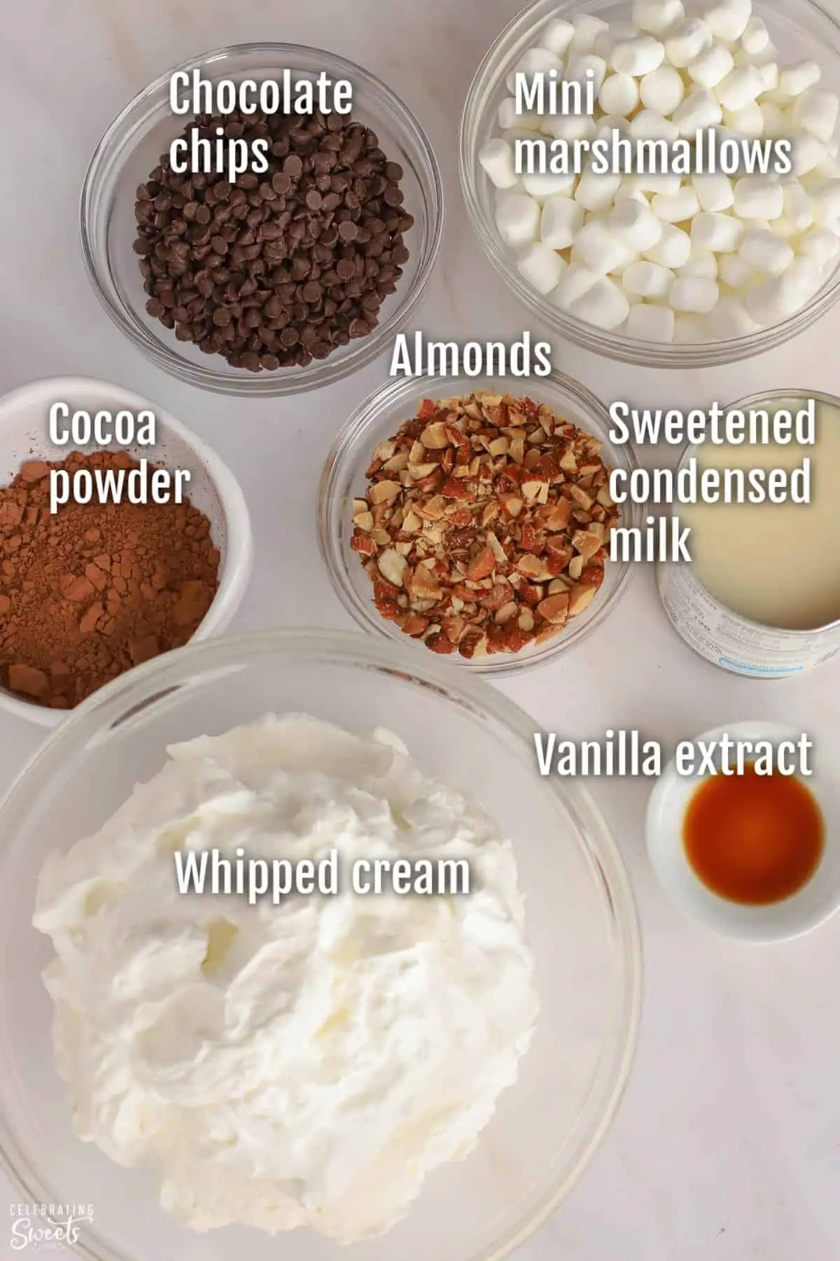 Ingredients for rocky road ice cream (nuts, cream, cocoa powder, chocolate chips, sweetened condensed milk)