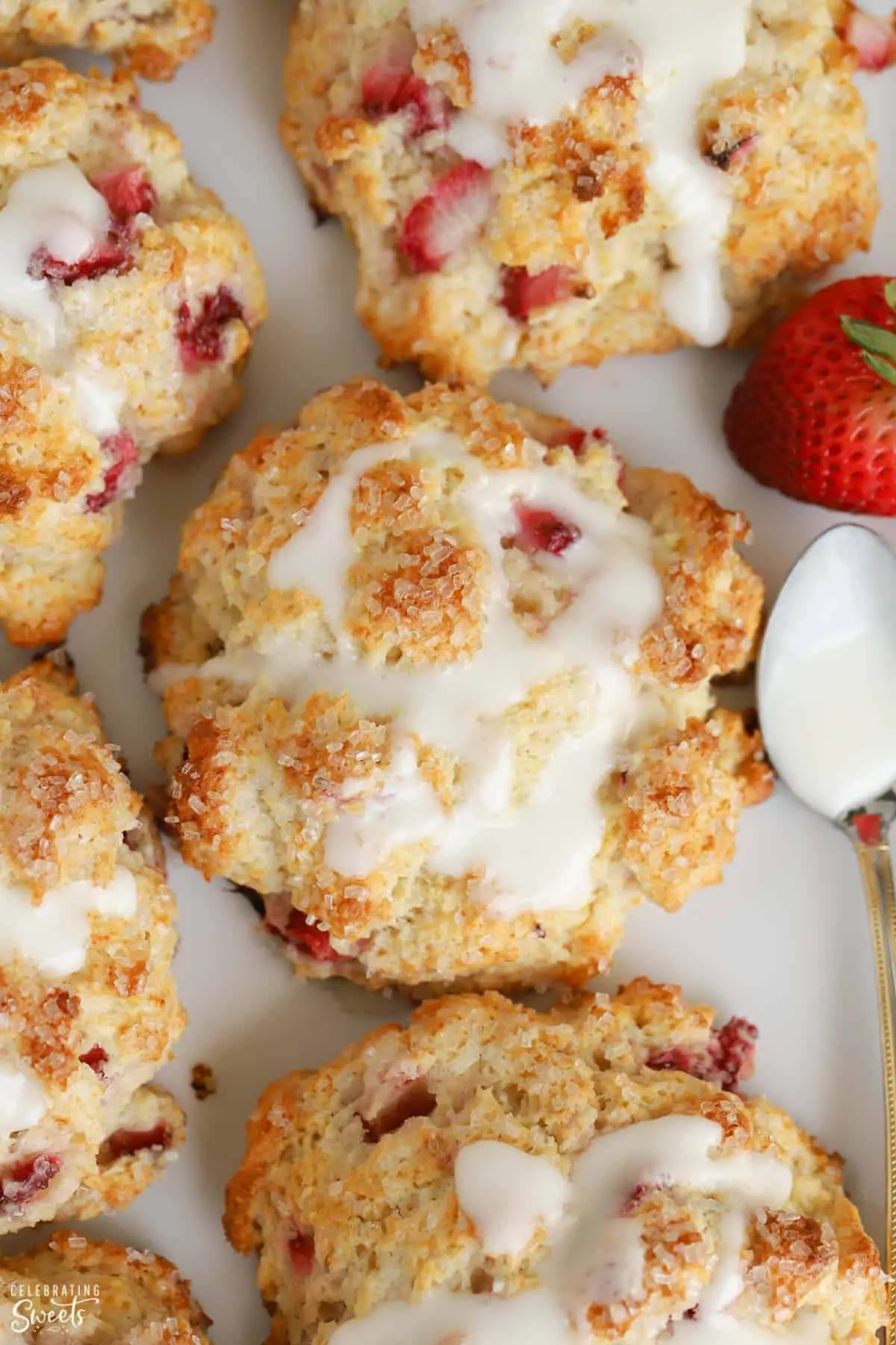 Closeup of strawberry biscuits on parchment paper