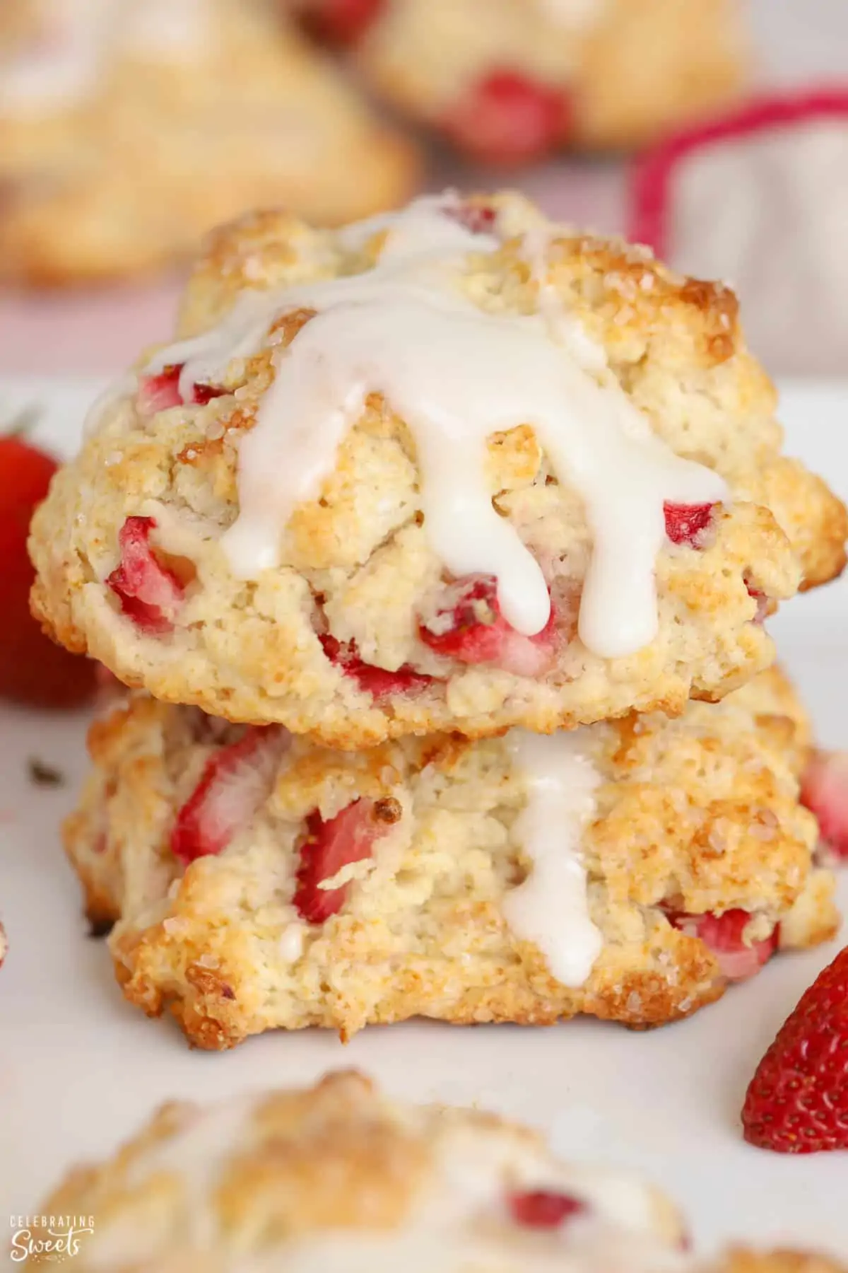 Stack of two strawberry biscuits on top of each other.