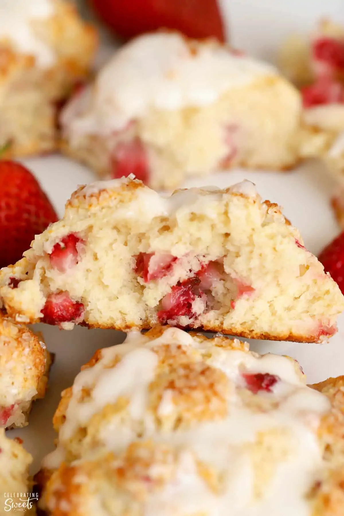 Closeup of strawberry biscuits on parchment paper