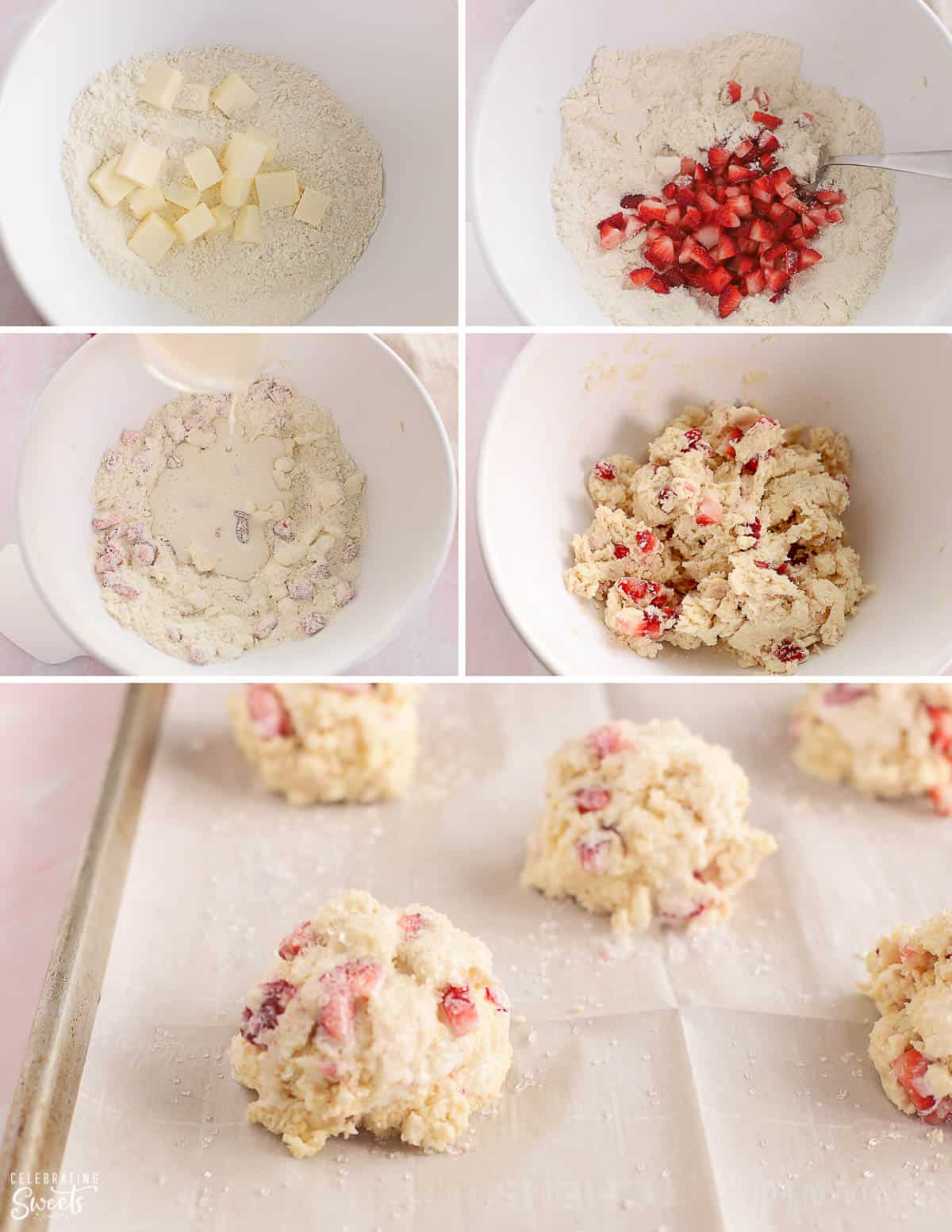 Strawberry biscuit dough in a white bowl and scooped onto a baking sheet