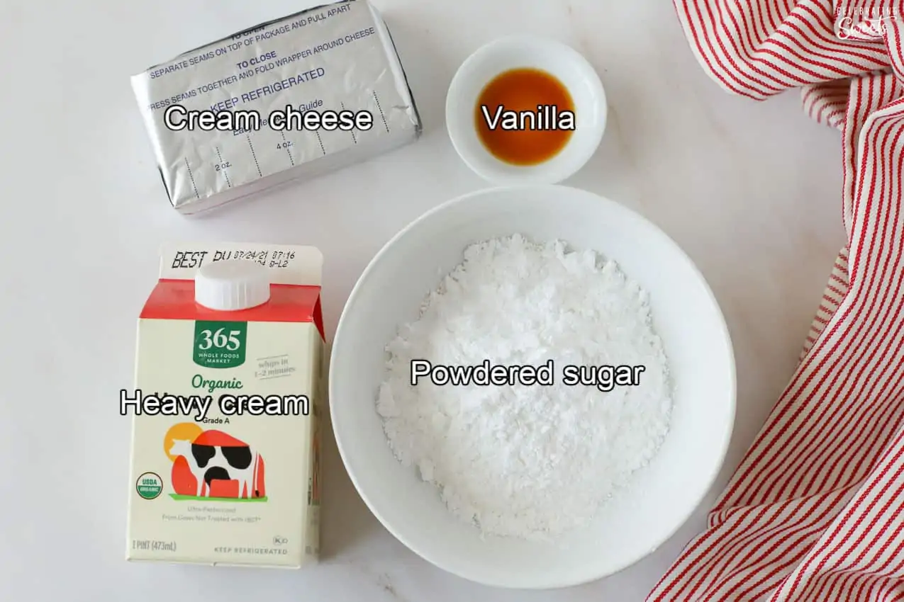 Ingredients for cheesecake dip (cream cheese, cream, powdered sugar, vanilla)