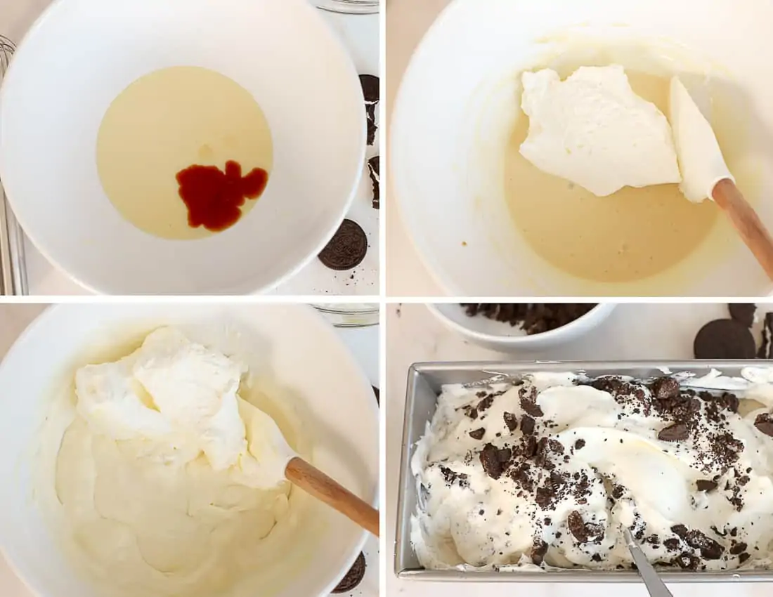 No churn cookies and cream ice cream step by step: ice cream base in a bowl and in a loaf pan with crushed Oreos.
