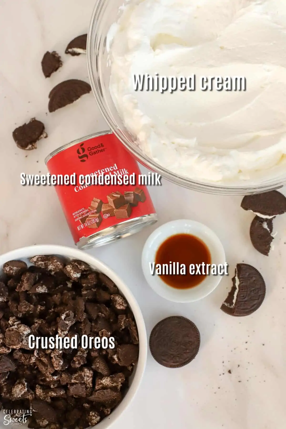 Ingredients for cookies and cream ice cream: whipped cream, sweetened condensed milk, oreos.