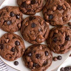 Chocolate cookies topped with chocolate chips on a white plate