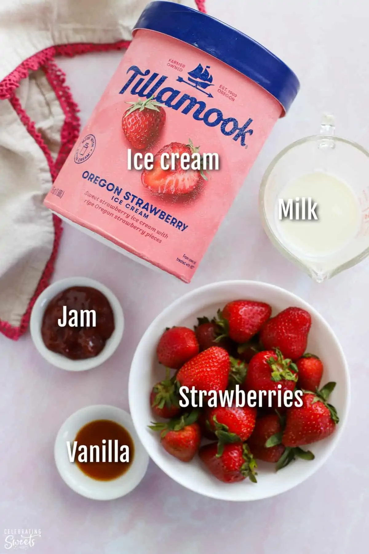 Ingredients for strawberry milkshake: ice cream, milk, strawberries, vanilla, jam.