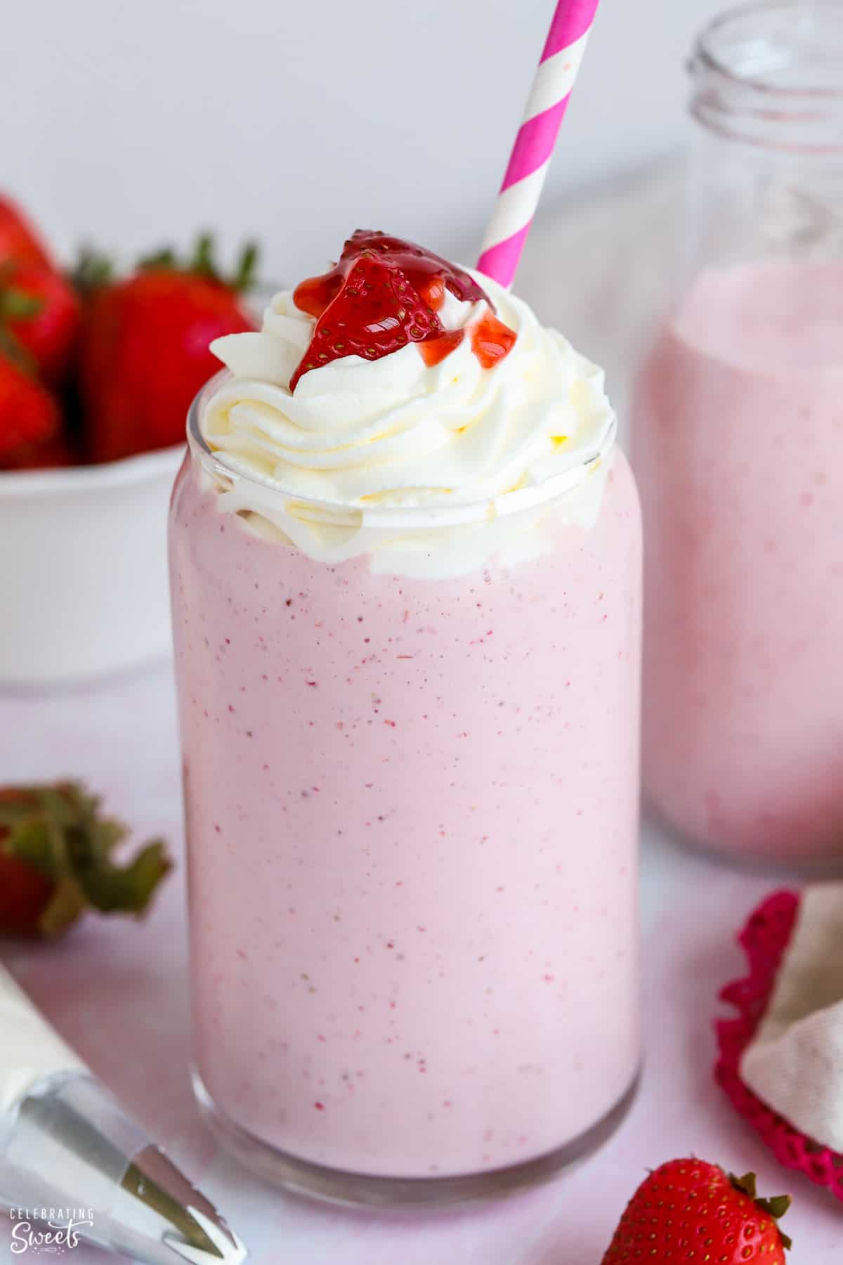 Closeup of strawberry milkshake
