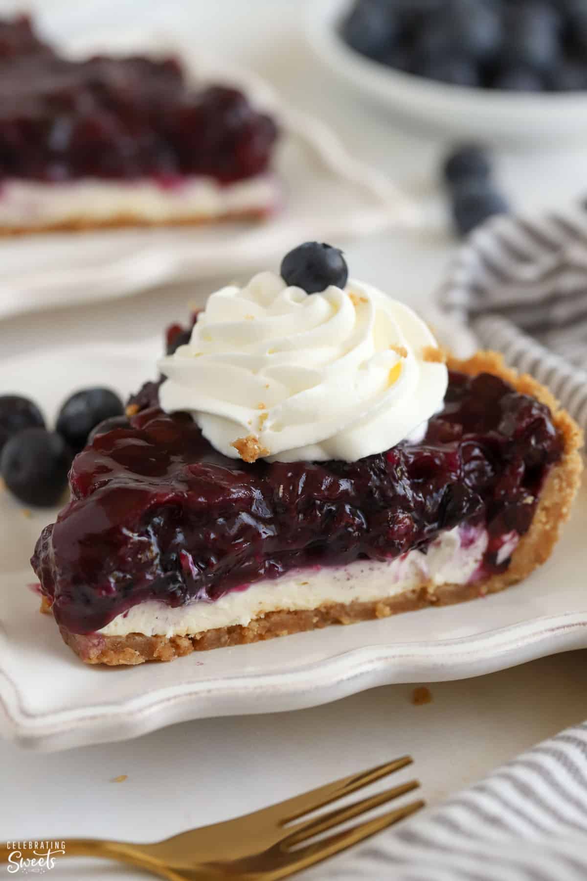 Slice of Blueberry Pie on a white plate topped with whipped cream.