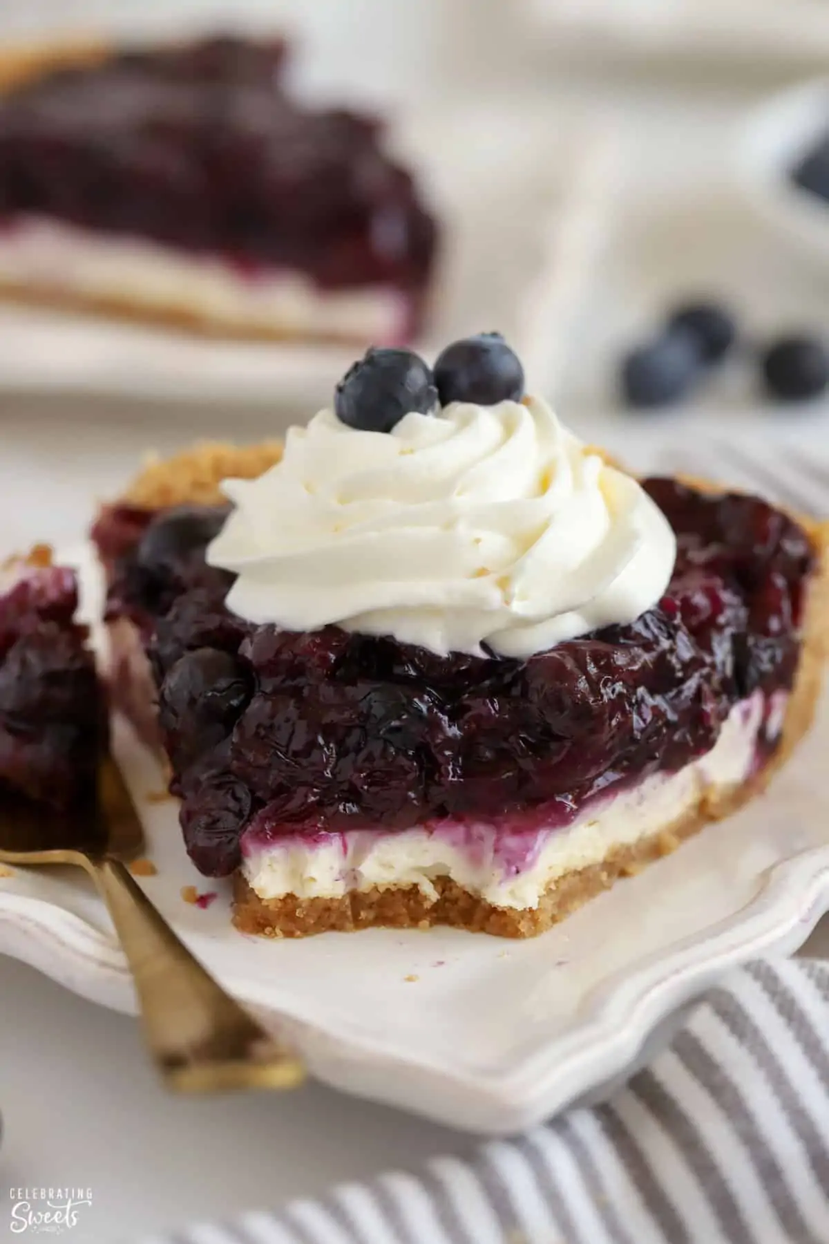 Slice of Blueberry Pie on a white plate topped with whipped cream.