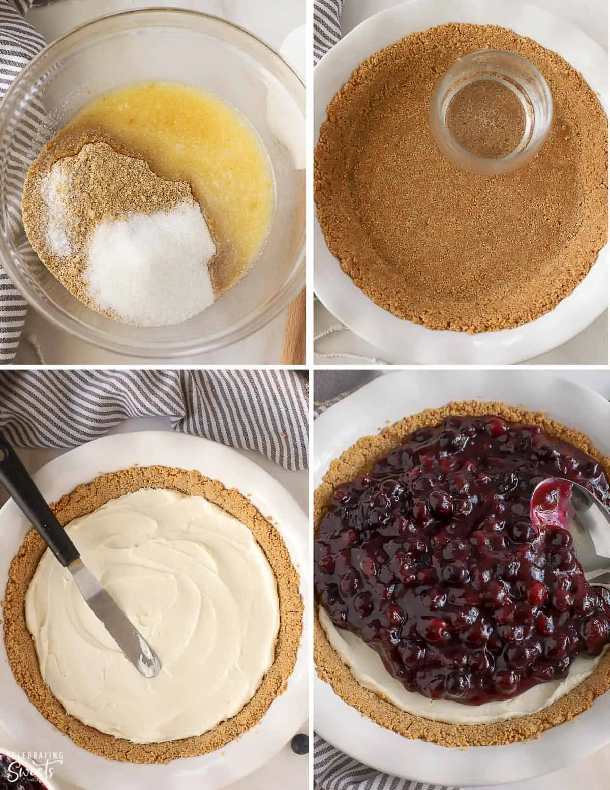 How to make blueberry pie: graham cracker crust, cream cheese filling, and blueberries.