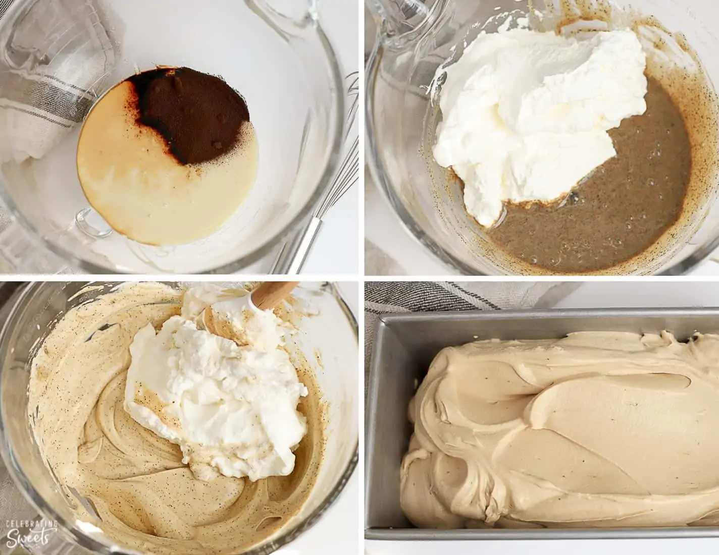 Coffee ice cream base in a bowl and loaf pan.
