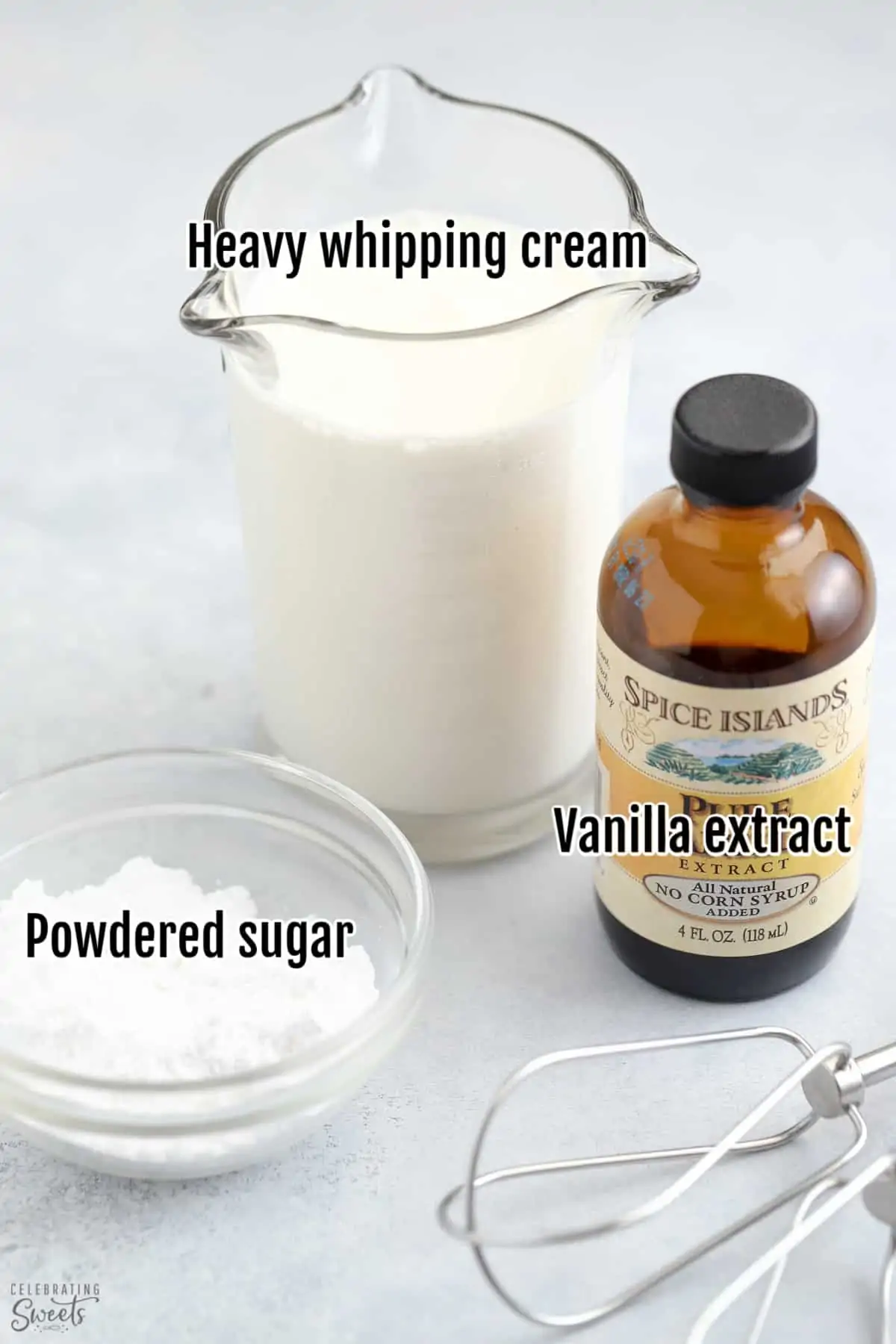 Ingredients to make homemade whipped cream: cream powdered sugar, vanilla.