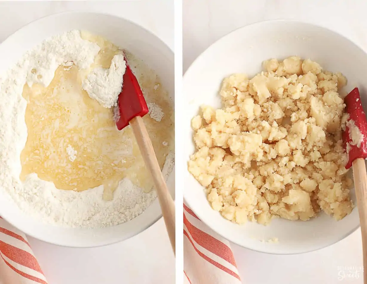 Cobbler dough in a white bowl with a red spatula.