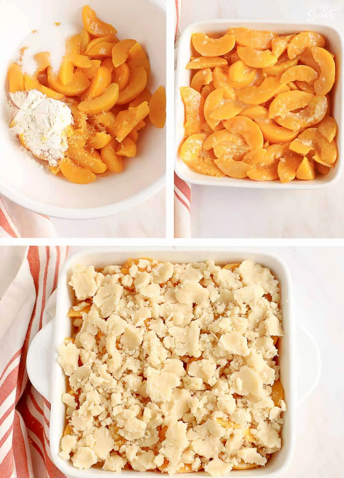 How to make peach cobbler: sliced peaches in a bowl, sliced peaches in a baking dish, sliced peaches in a baking dish topped with cobbler dough.