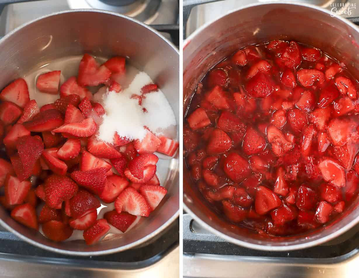 Strawberries and sugar in a saucepan and strawberry sauce in a saucepan.