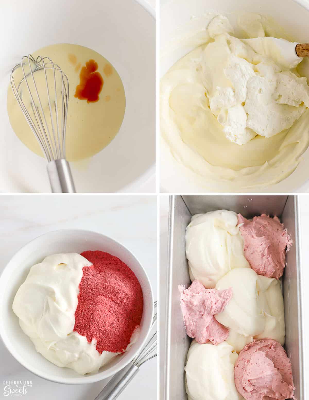 Strawberry shortcake ice cream base in a bowl and a loaf pan.